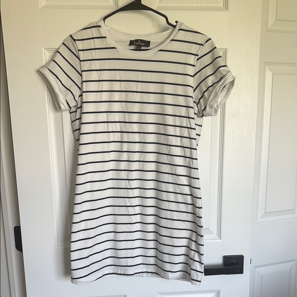 White and Black Striped T-Shirt Dress